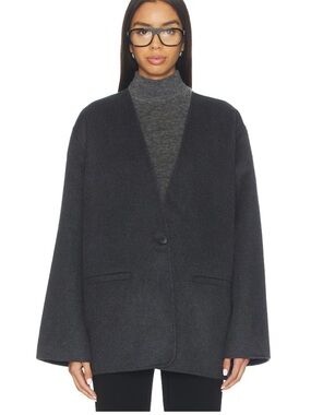 EAVES Ragni Wool Blend Collarless Coat in Charcoal Gray XS S